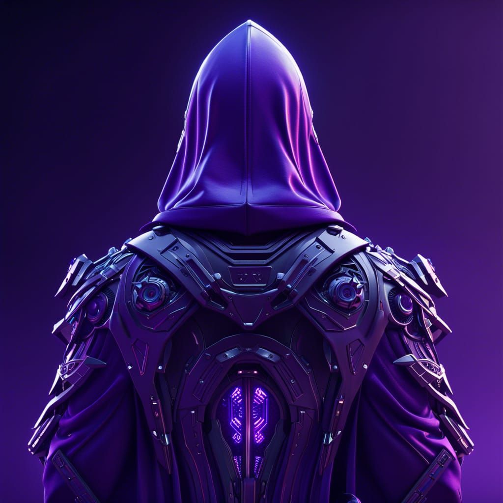 Hooded Figure with Mech Details in a Sci-Fi Scene
