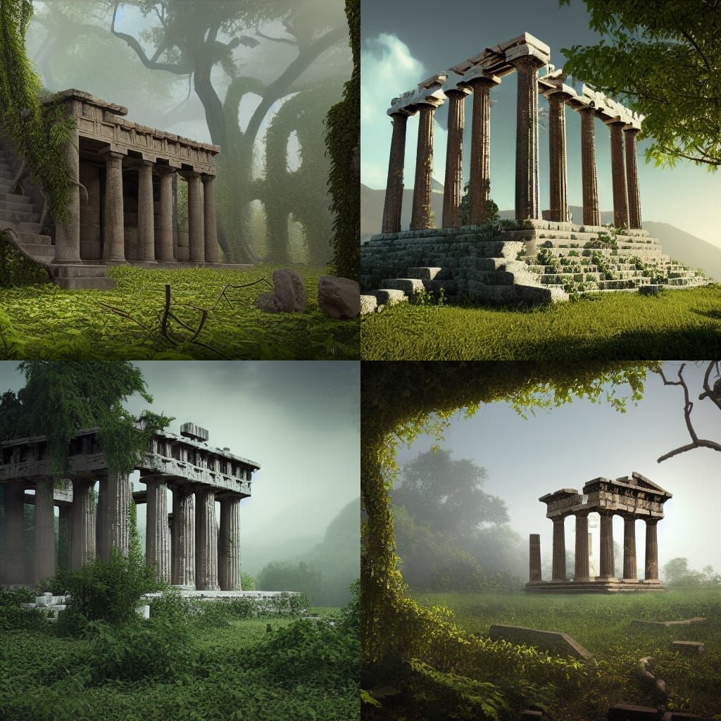 Atmospheric Ruins of a Greek Temple in Matte Painting Style