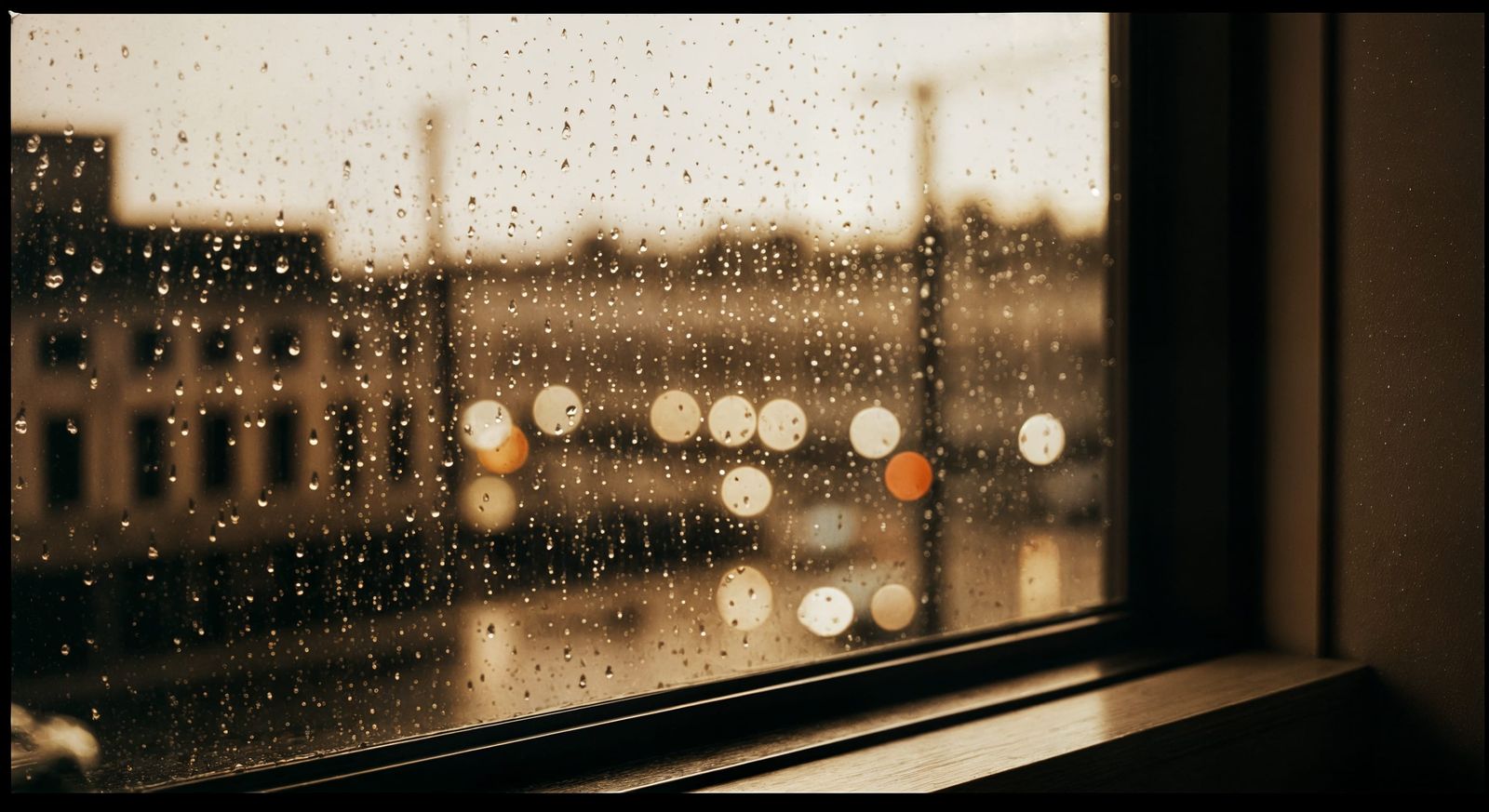 Rainy Window View with City Lights
