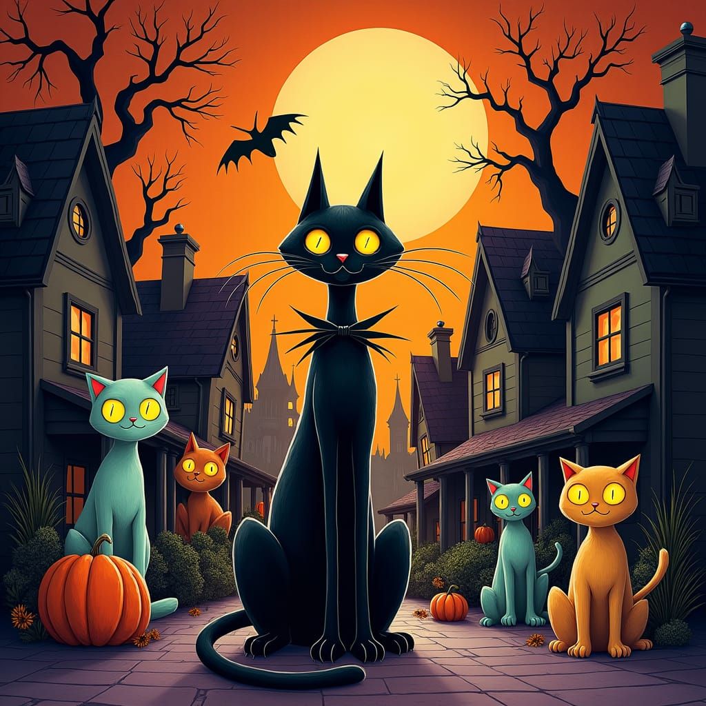 Cats in Halloween Town: A Whimsical Burtonesque Scene