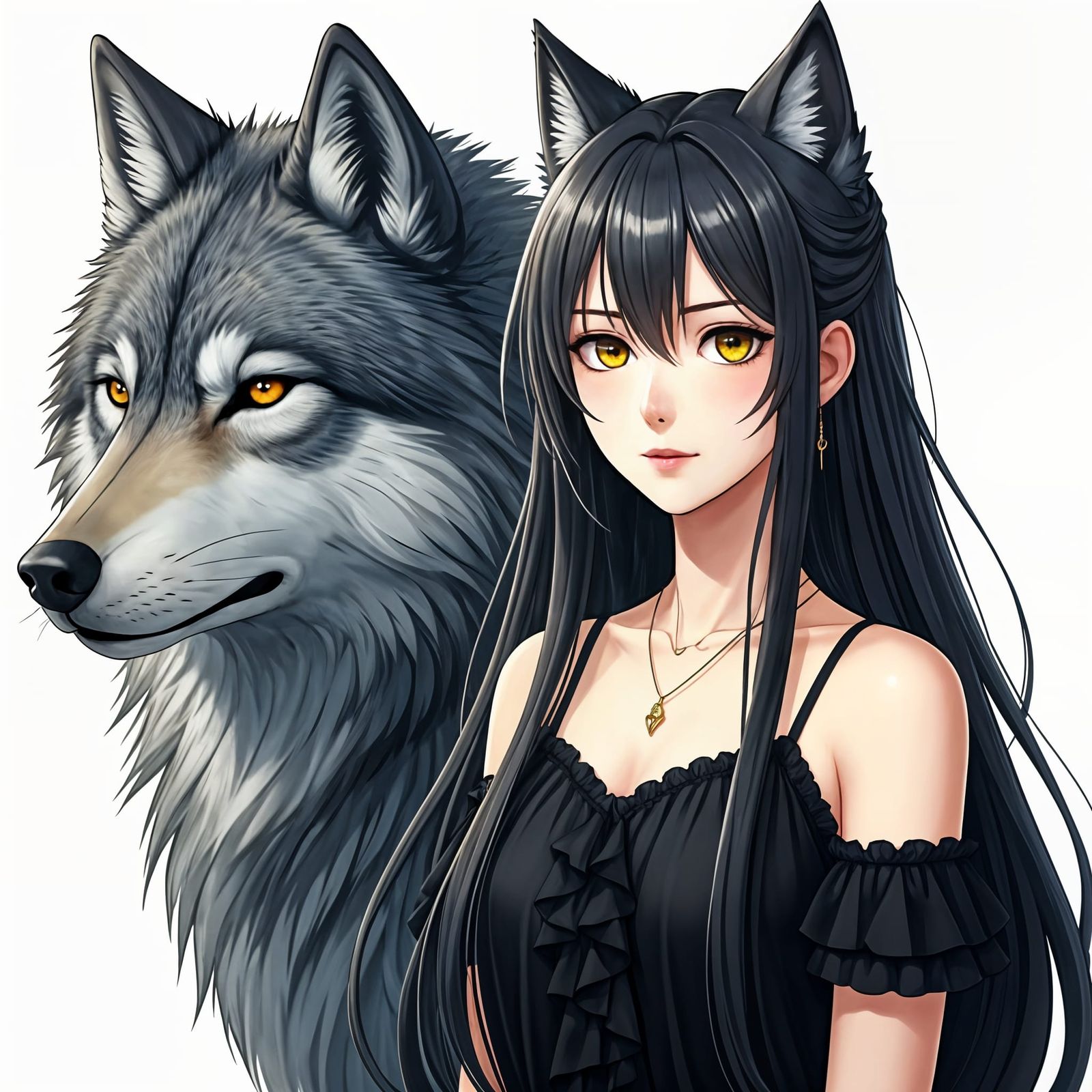 Anime-Inspired Girl and Wolf Portrayal in Digital Illustrati...