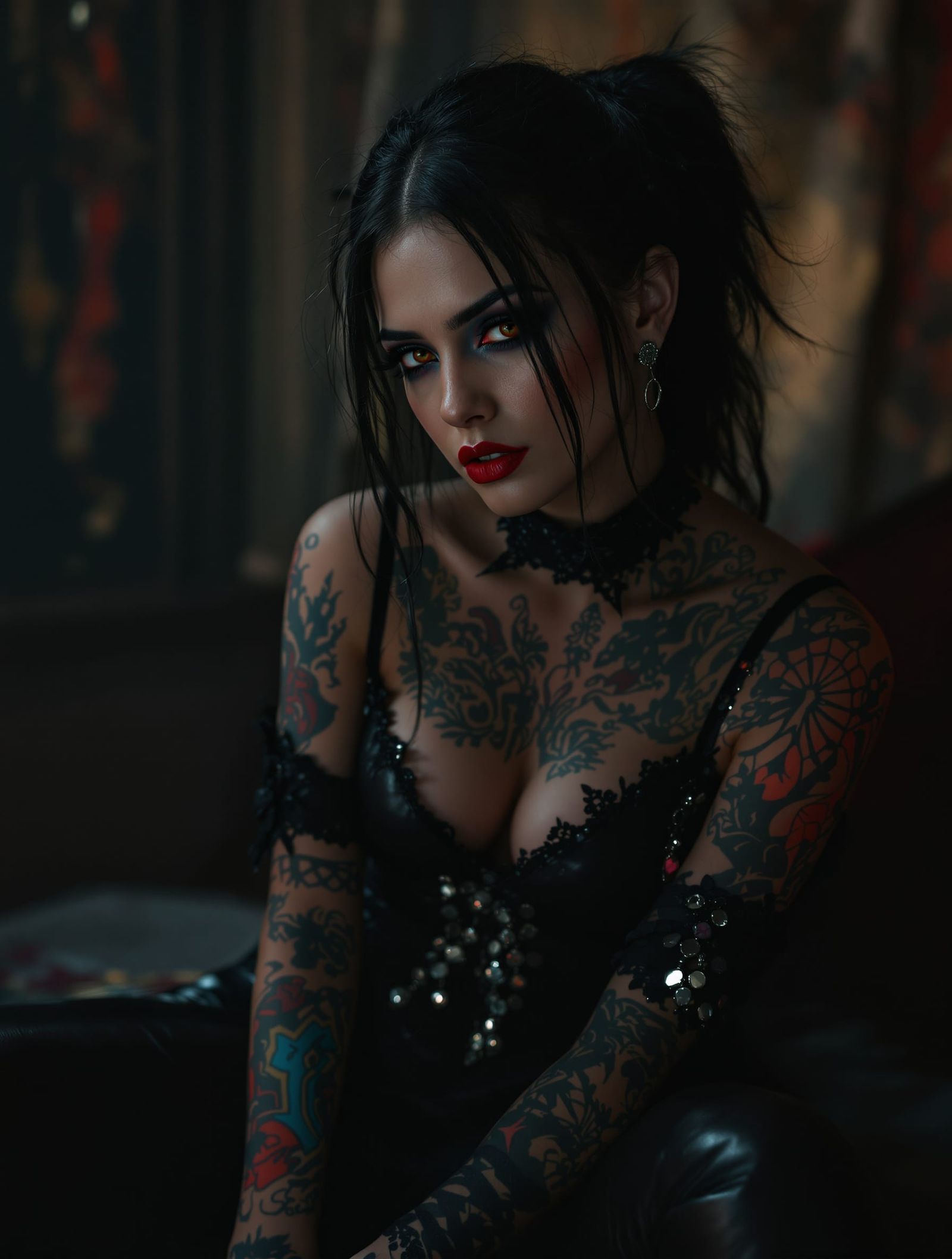 Mysterious Tattooed Woman in Dark Leather, Gothic Elegance