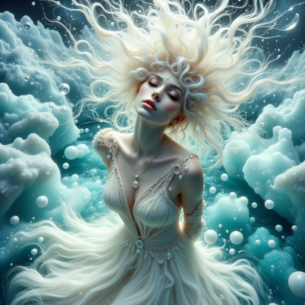 Ethereal Albino Woman in Dreamy, Futuristic Setting