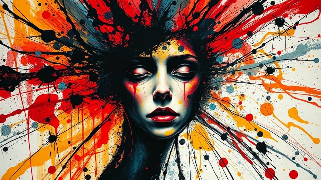 Abstract Face Emerges from Vibrant Ink Splatters