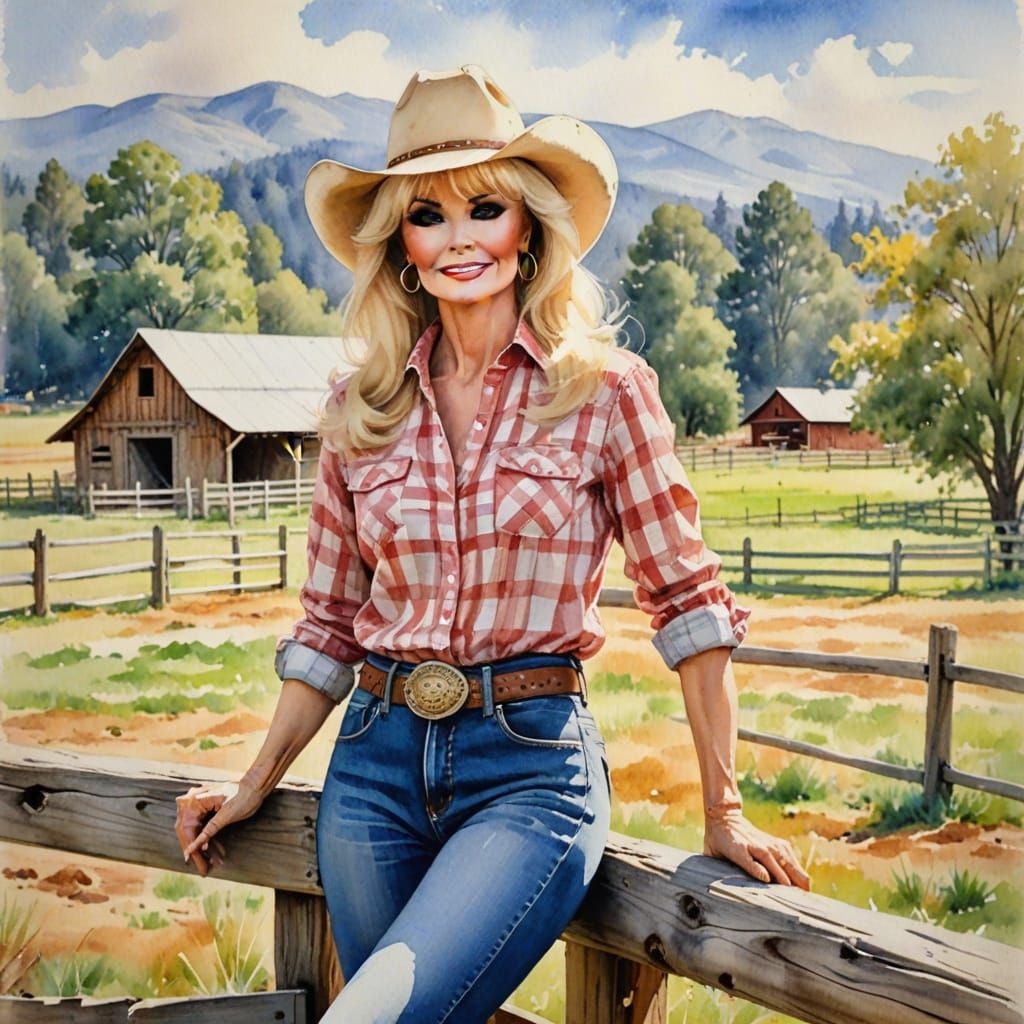 Beautiful Woman in Cowboy Hat at the Ranch in Impressionisti...