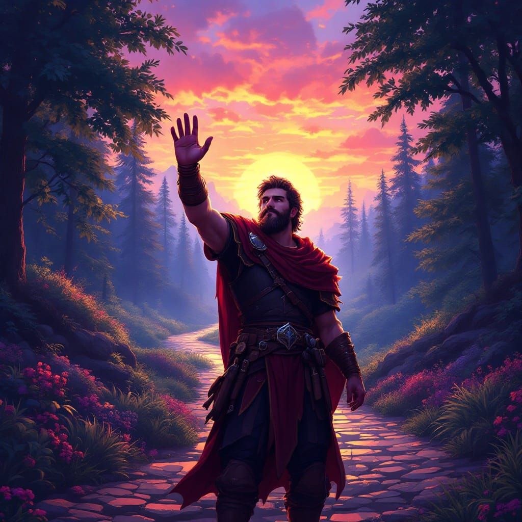 Heroic Paladin Bids Farewell in Vibrant Sunset Landscape