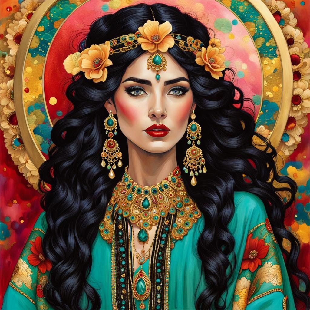 Art Nouveau Gypsy with Panther, Klimt Style