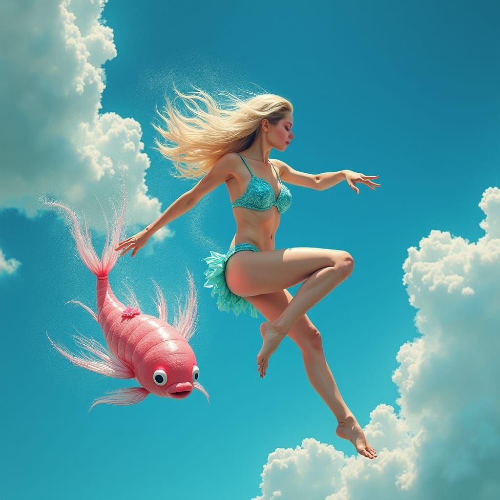 Woman Swimming in Sky with Pink Dolphin