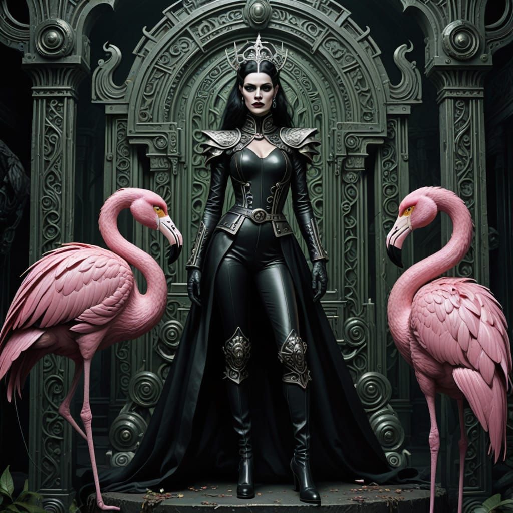 Goth Princess Confronts Flamingo King in Dark Art Deco Scene