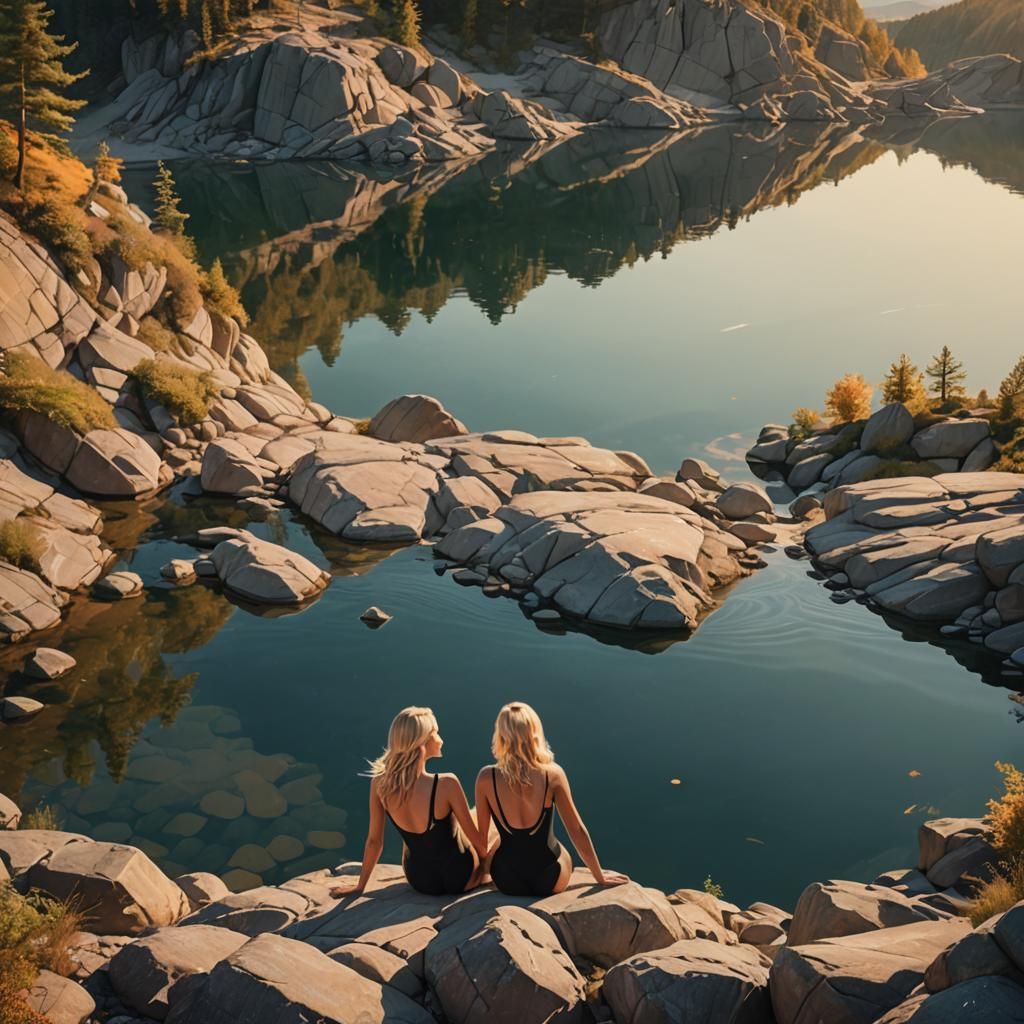 Blonde Women Relaxing by Serene Lake in Matte Painting Style