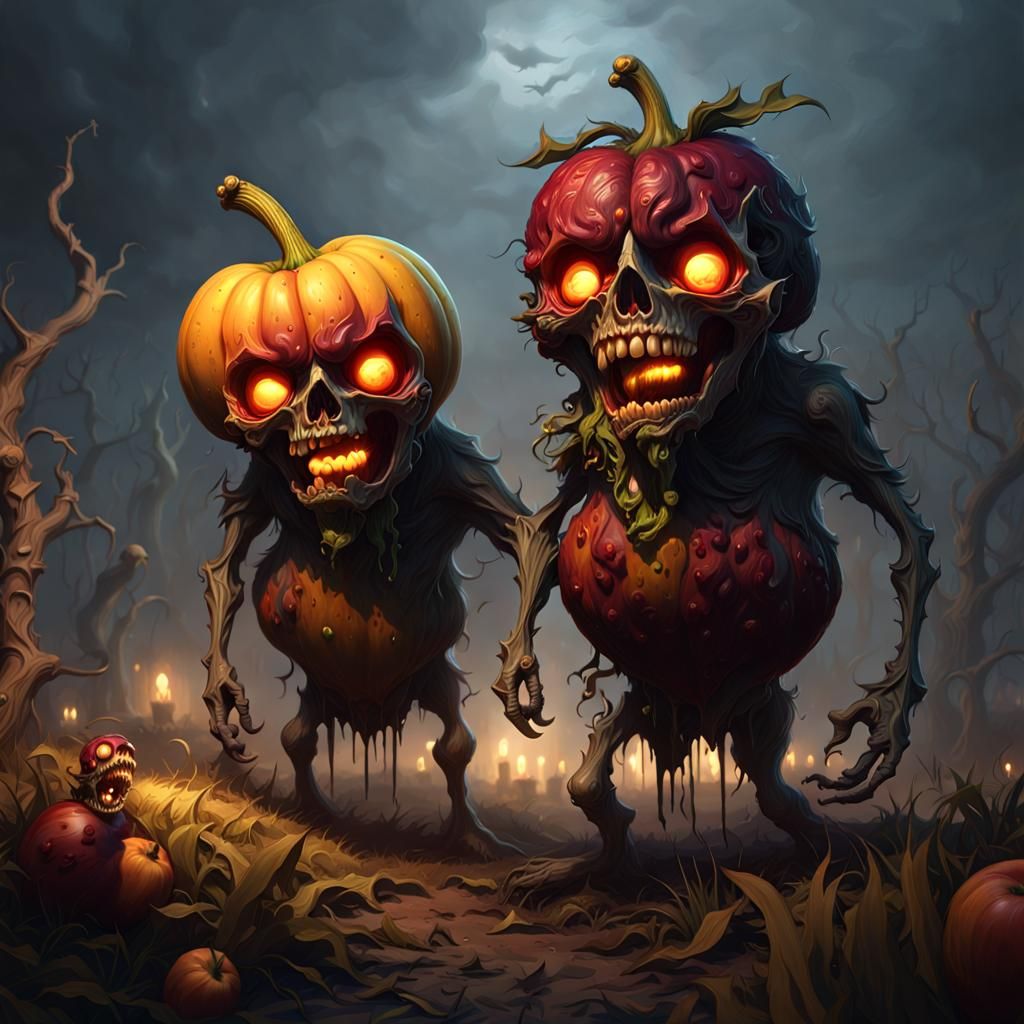 Rotting Fruit Zombies in Dark Fantasy Style