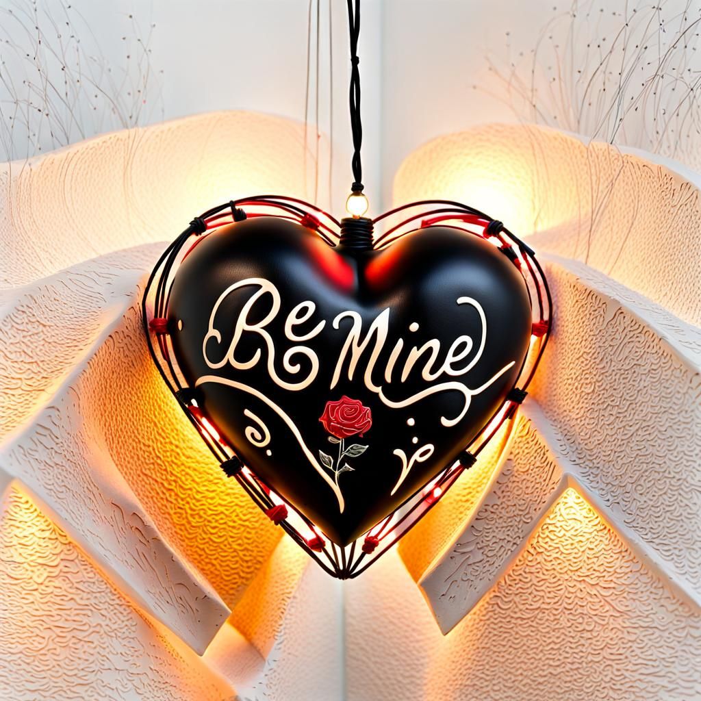 3D Matte Black Heart with Roses and String Lights