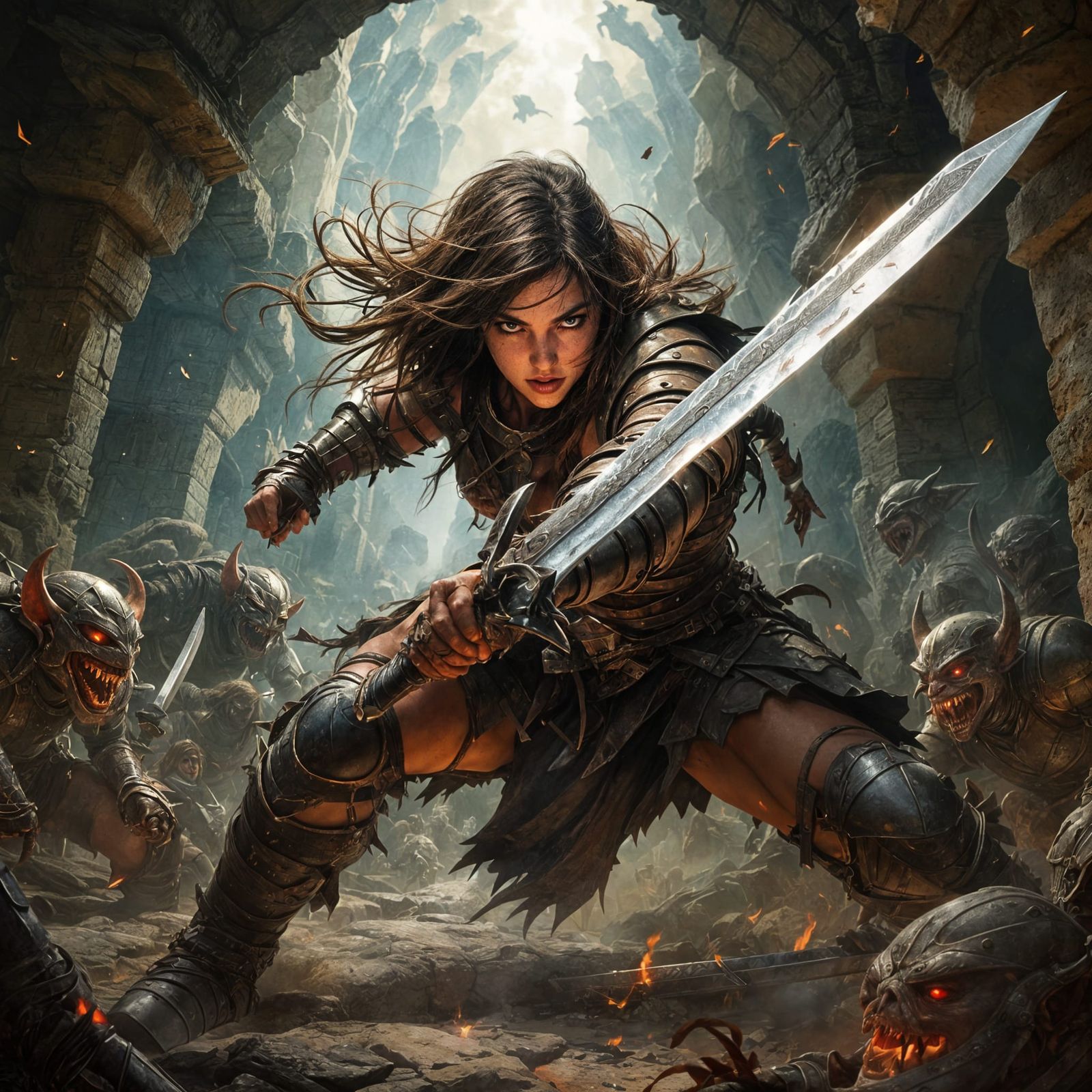 Young Adventuress Battles Sinister Goblins in Dark Fantasy D...