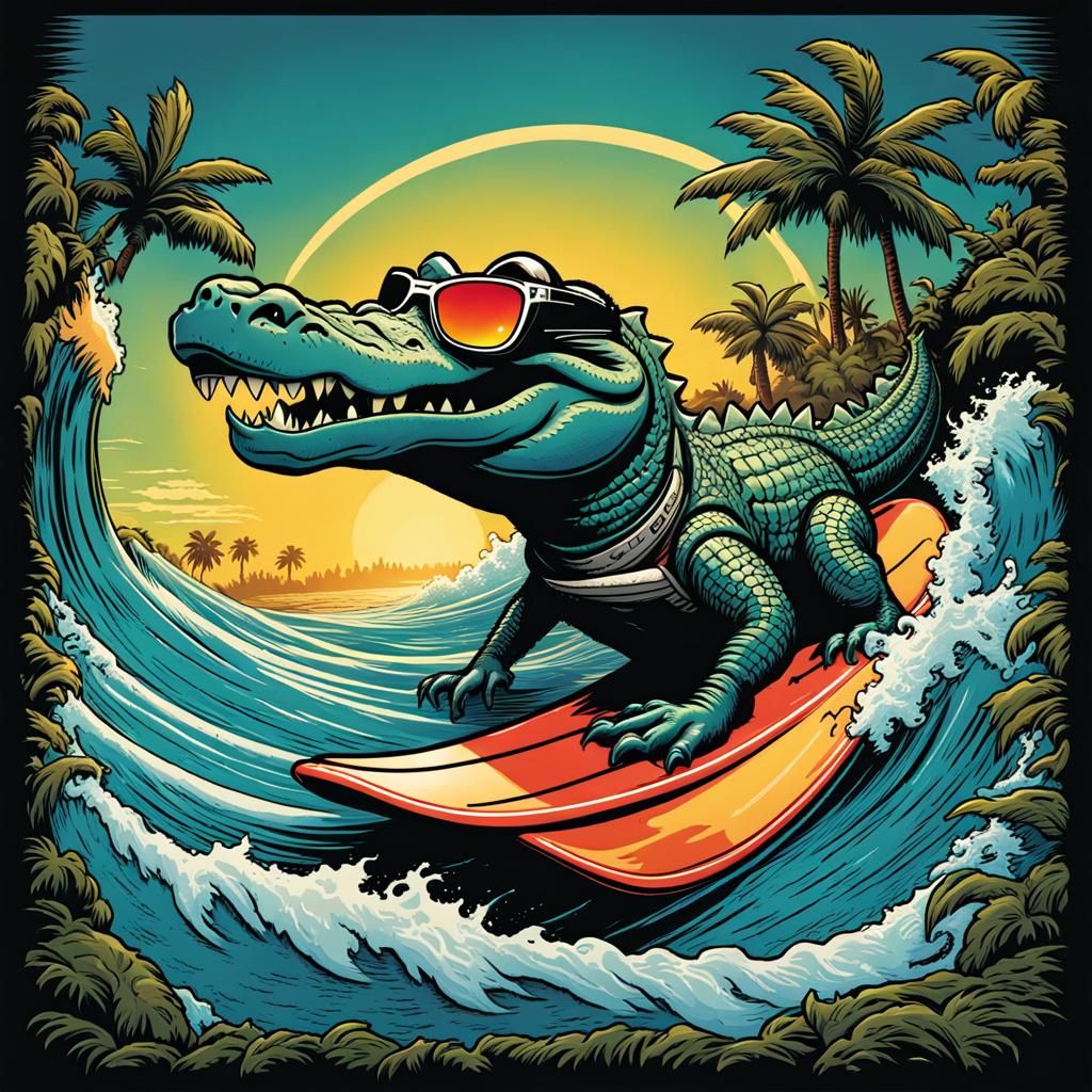 Cartoon Alligator Surfing a Wave in Comic Book Art