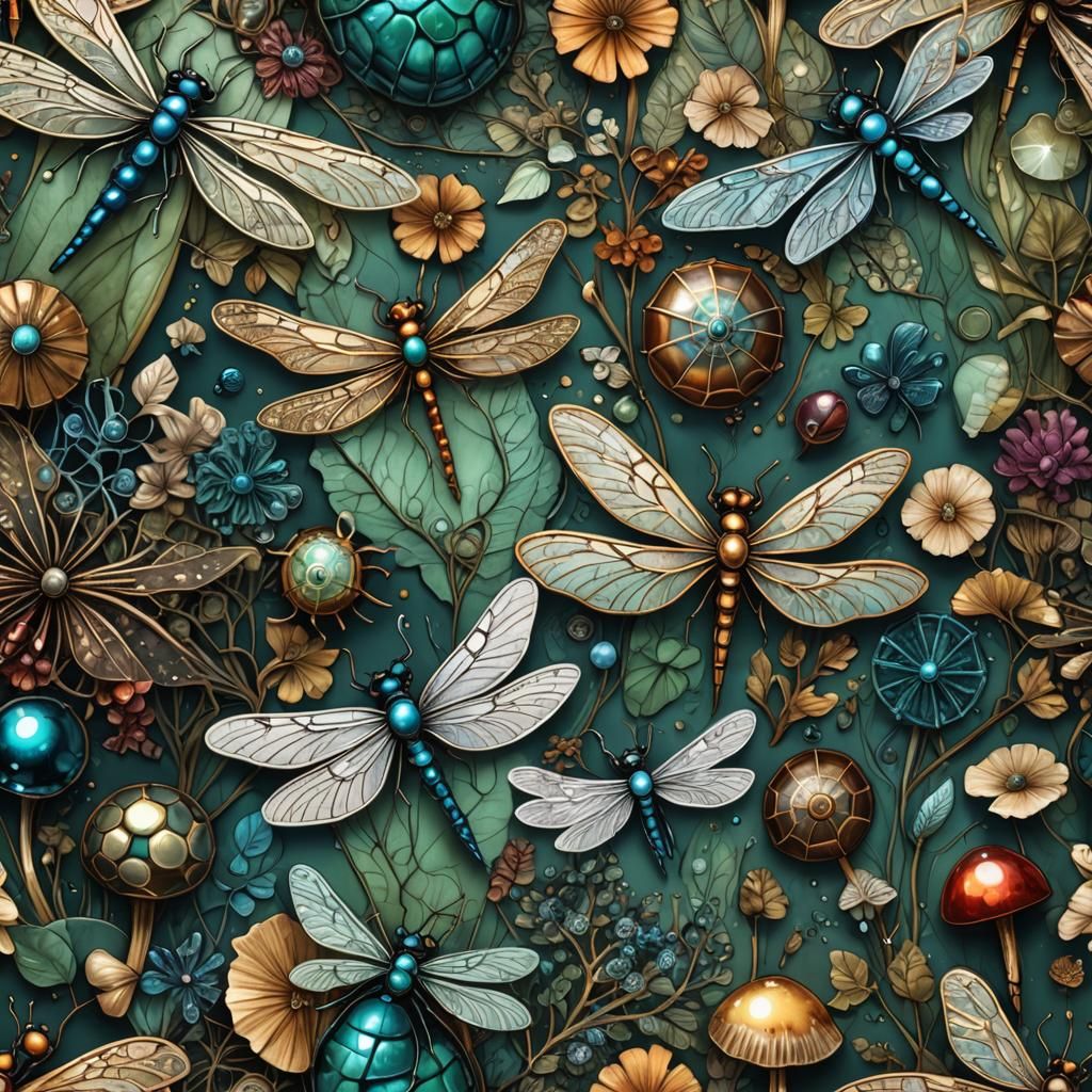 Detailed Alcohol Ink Illustration: Dragonflies and Metallic ...