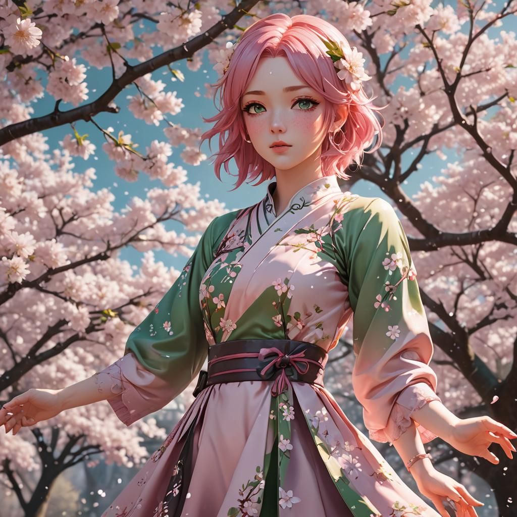 Anime Girl Under Cherry Blossom in Gentle Snow