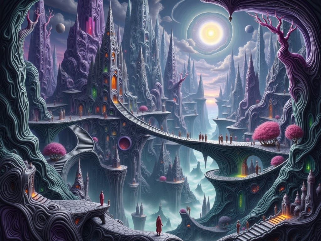 Surreal Elvish Cityscape in Escher and Bosch Styles