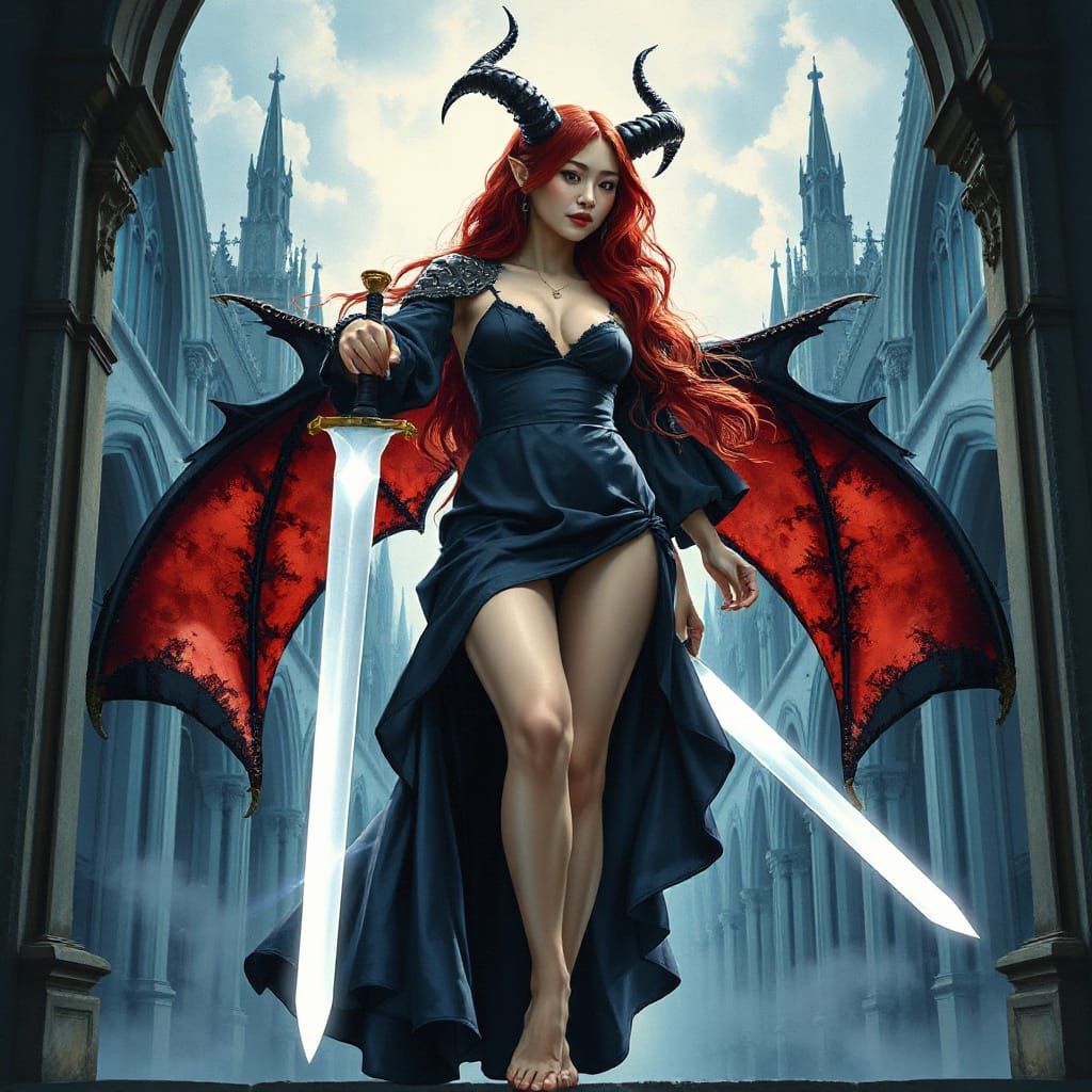 Gothic Woman Knight with Sword in Cathedral