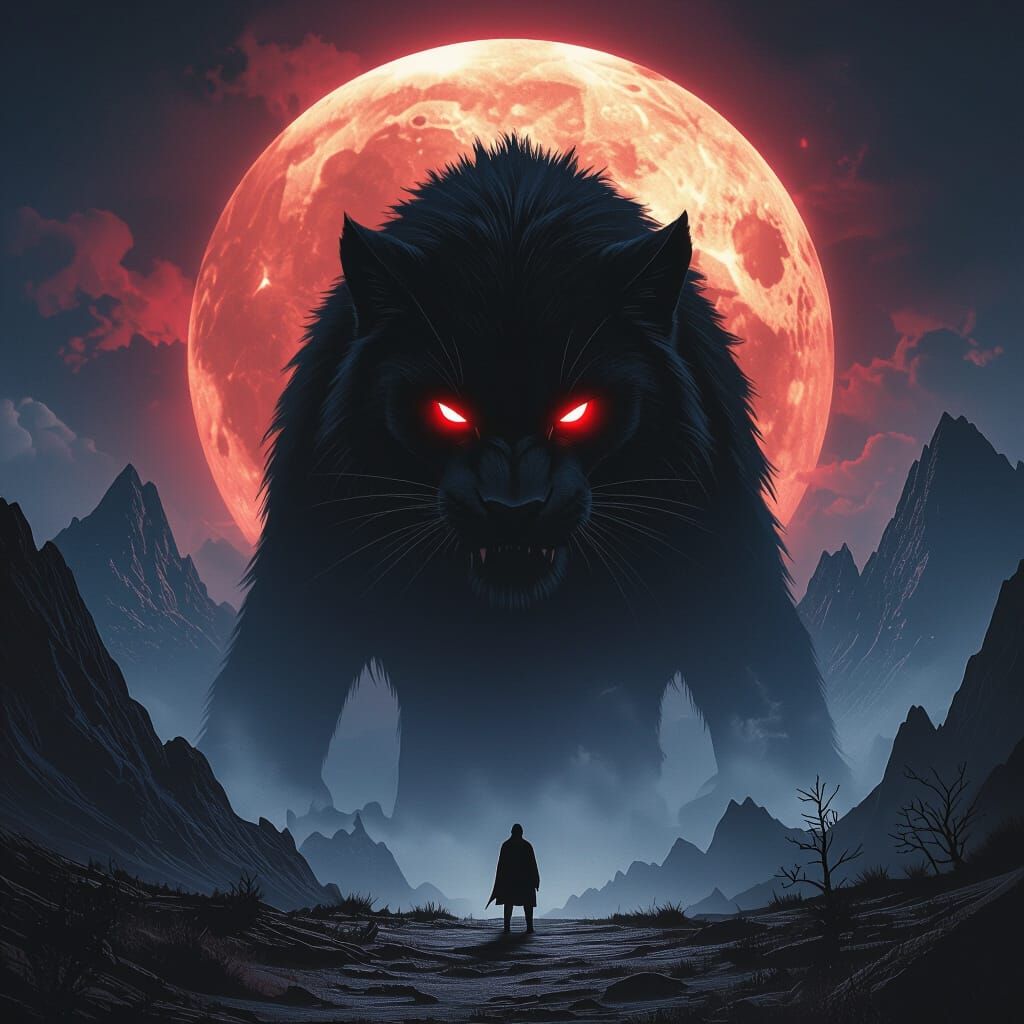 Shadowy Mountain Lion Monster Under Blood Moon