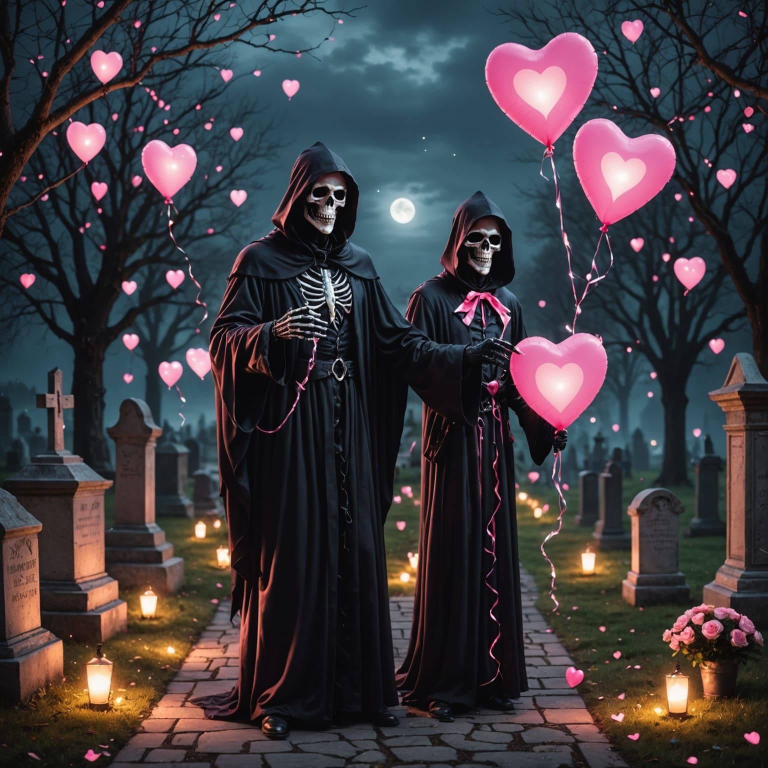 Grim Reaper Proposes with Glowing Heart in Fairy Light Cemet...