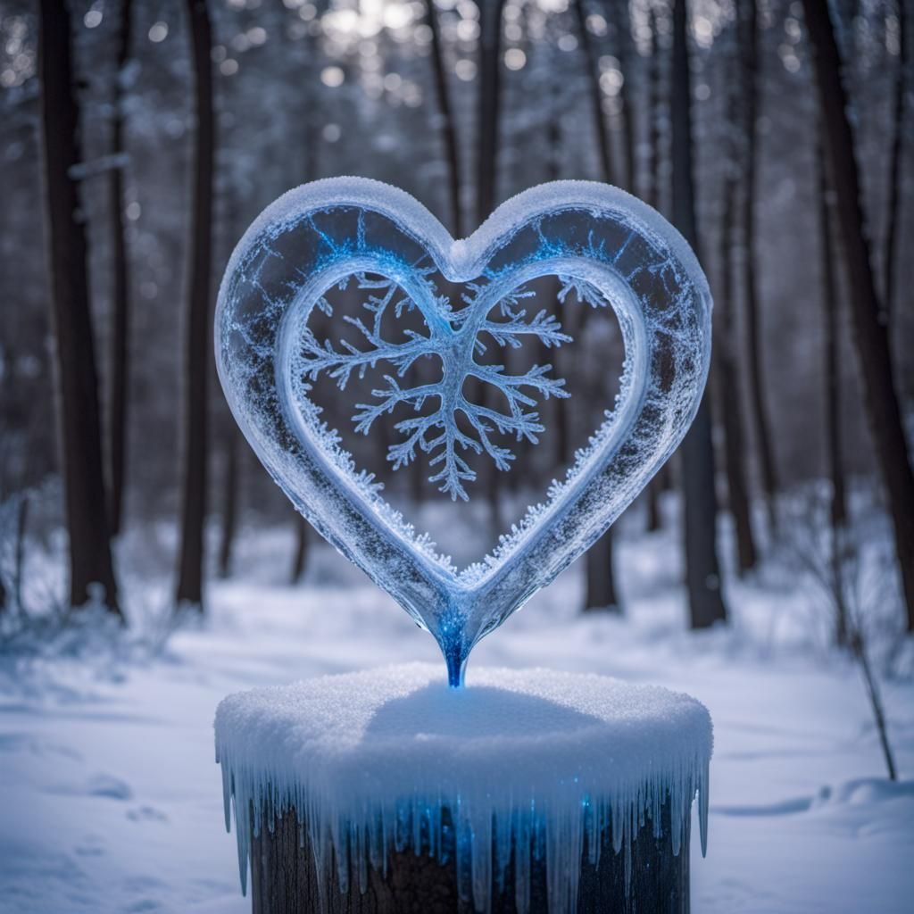 Icy Heart in Enchanted Winter Forest at Night