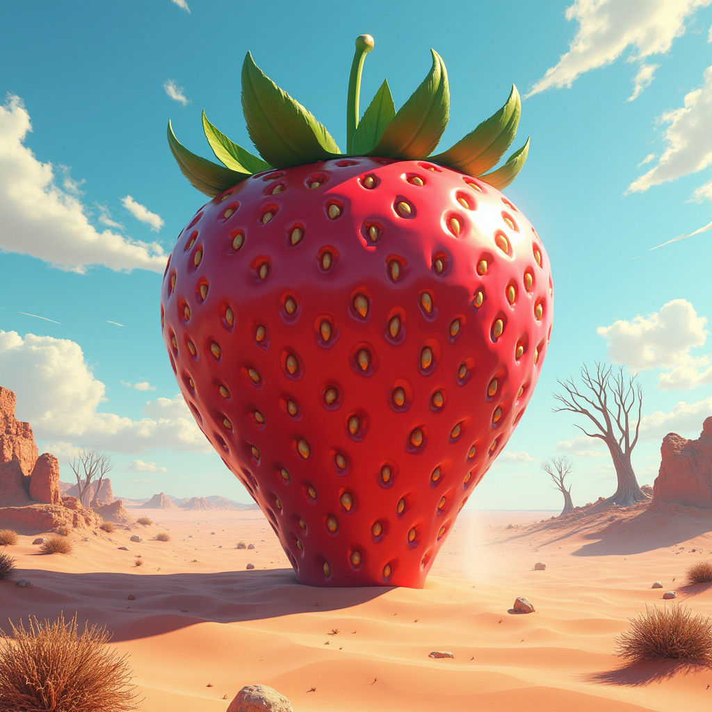 Colossal Strawberry Emerges in Surreal Desert Landscape