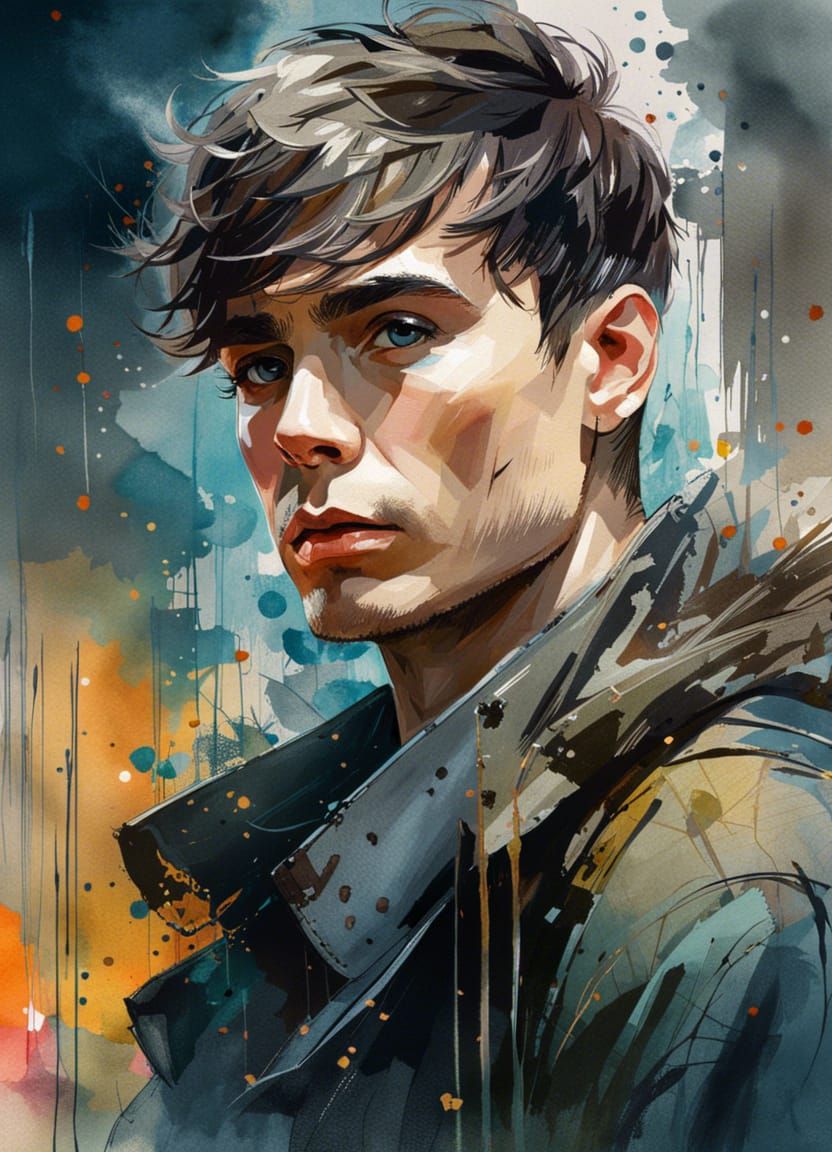 Detailed Watercolor Manga Portrait of Cillian Murphy