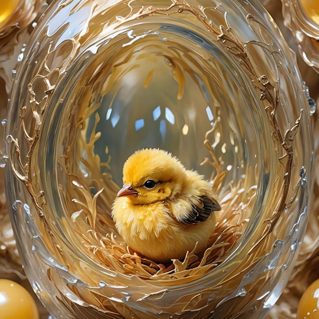 Chick in Glass Egg: Oil Painting in Dinotopia Style
