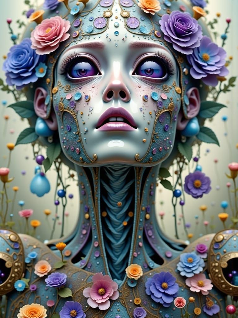 <lora:Alienesque Flux:1.0> porcelain and purple mosaic tiled android girl with steampunk open body, moving parts girl an...