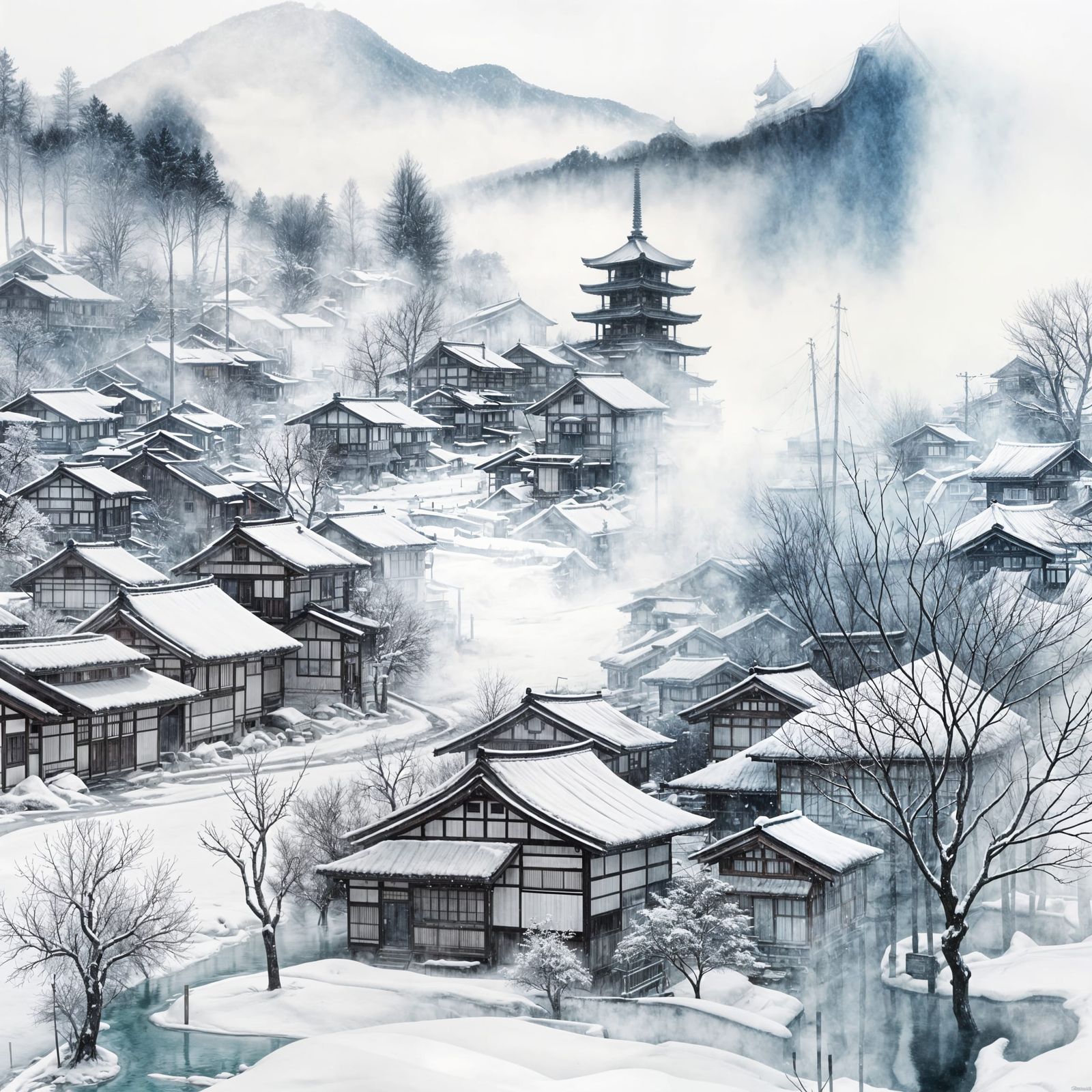 Winter Village in Soft Watercolor Splendor