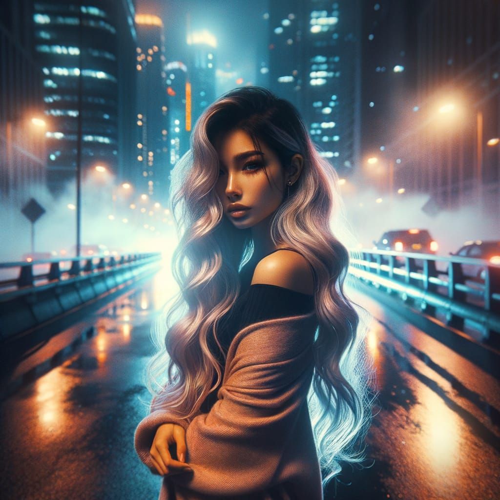 Neon City Night: Cyberpunk Anime Woman on Bridge
