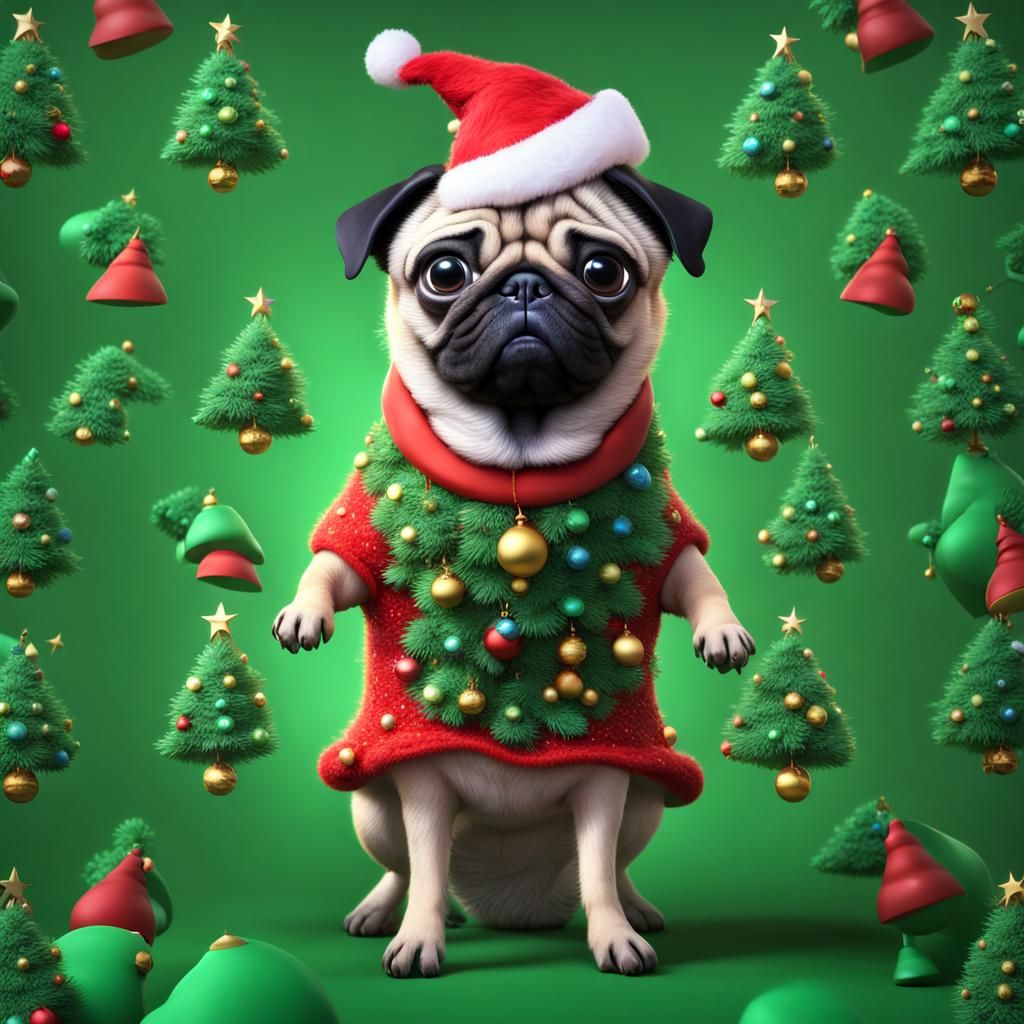Pug in Christmas Tree Dress: 3D Digital Art