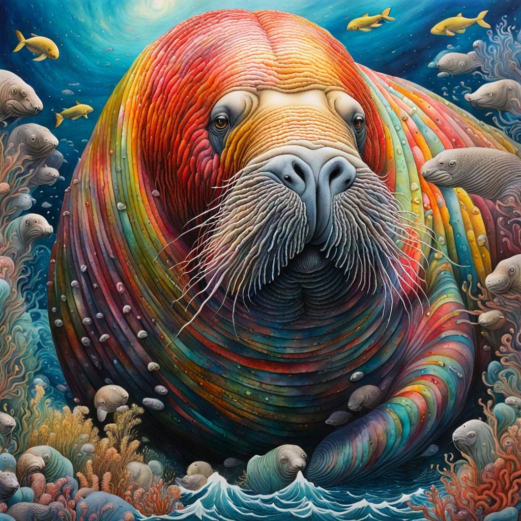 Bizarre Manga Walrus Diorama in Spiralling Watercolors