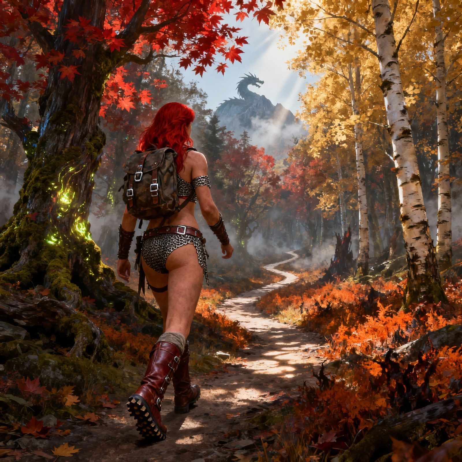 Red Sonja Walks Forest Path in Fall Colors