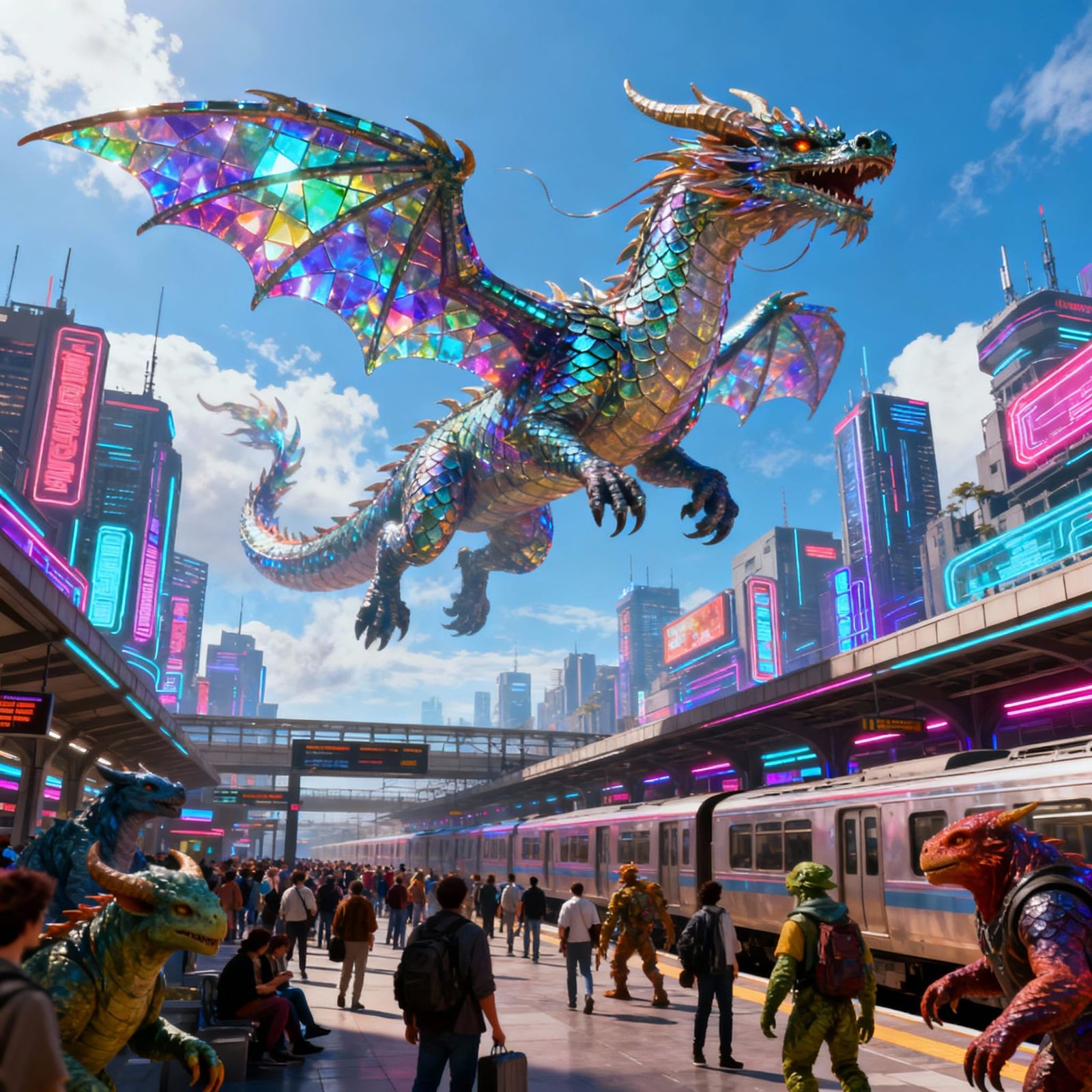 Dragon with Dichroic Scales Over Neon City