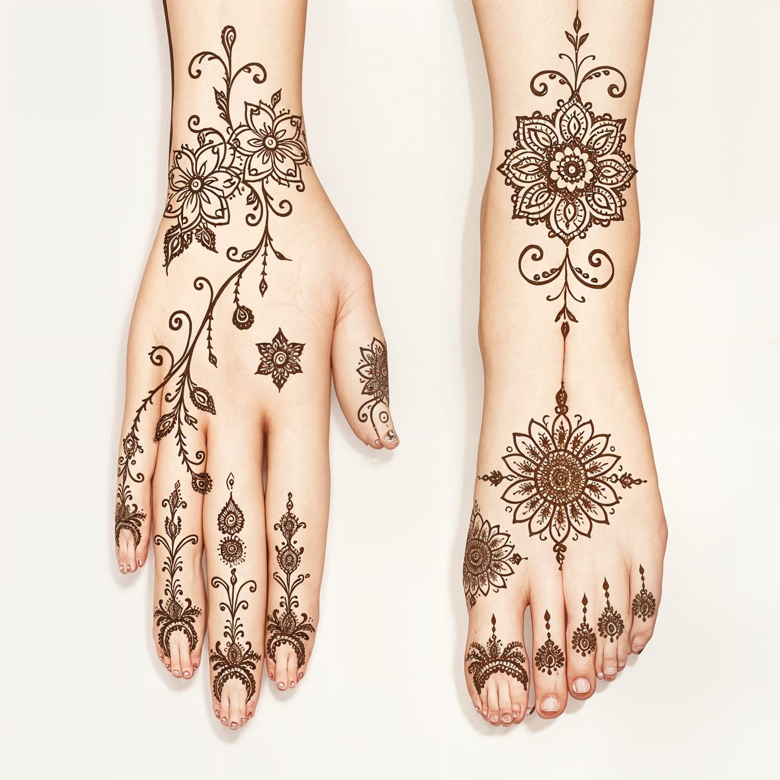 Symmetrical Henna Artwork on Hands and Feet