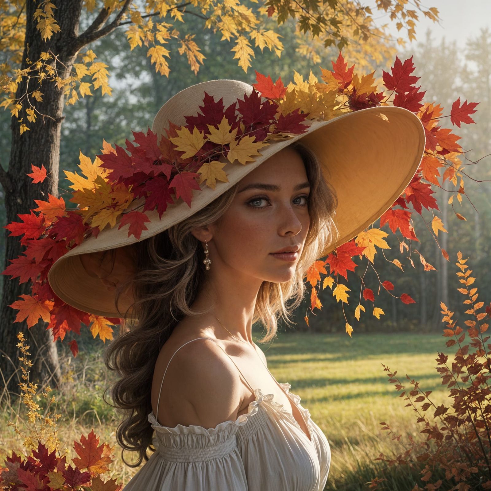 Gorgeous Woman in Autumn Leaf Hat in Forest