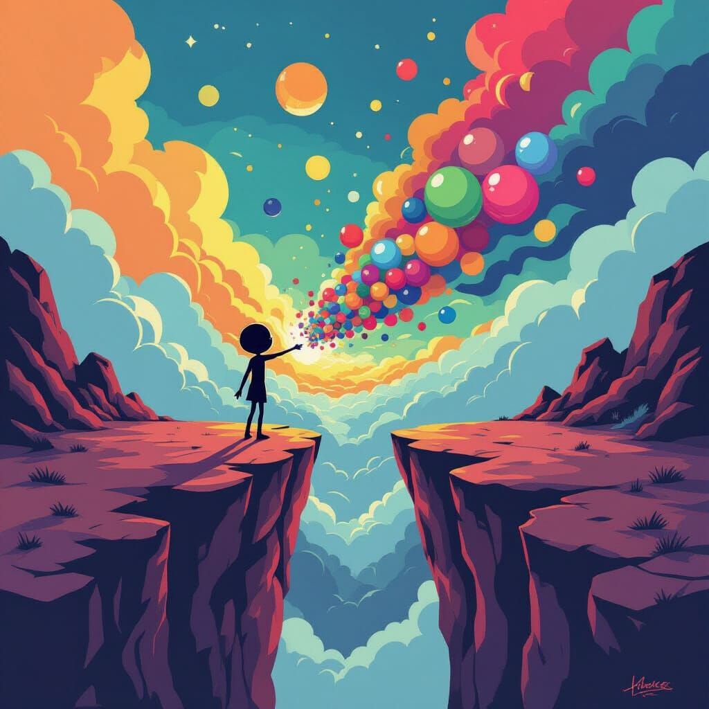Stick Figure in Surreal Landscape with Colored Spheres