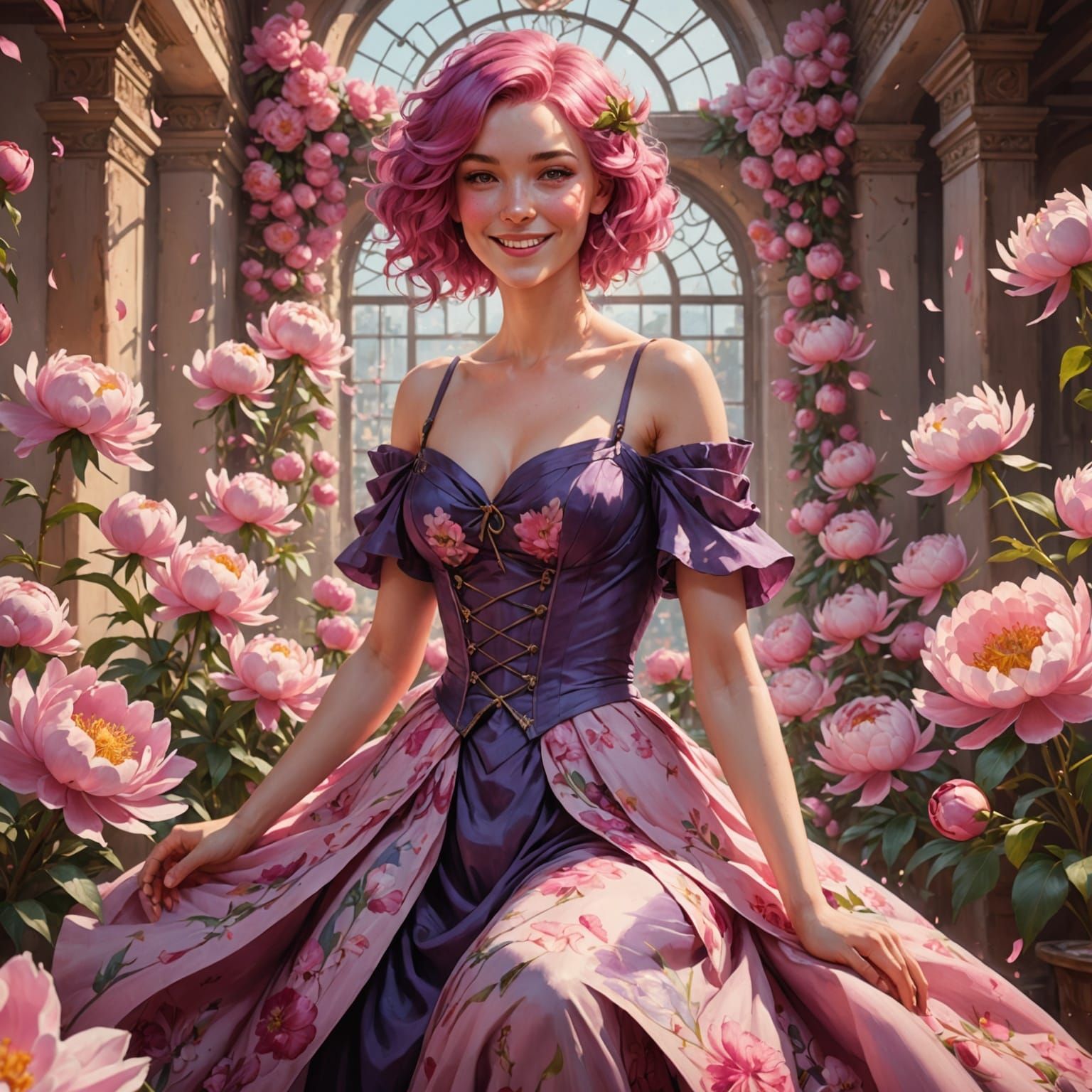 Pink Haired Woman in Peony Gown in Watercolor Style