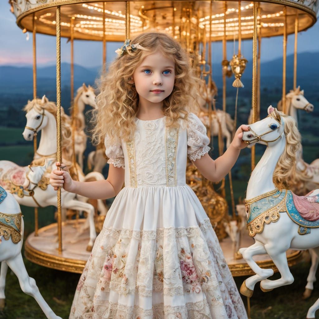 A Whimsical Girl Holds a Antique Porcelain Carousel