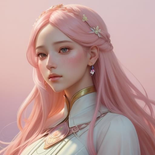 Woman with Pastel Pink Hair in Art Nouveau Style