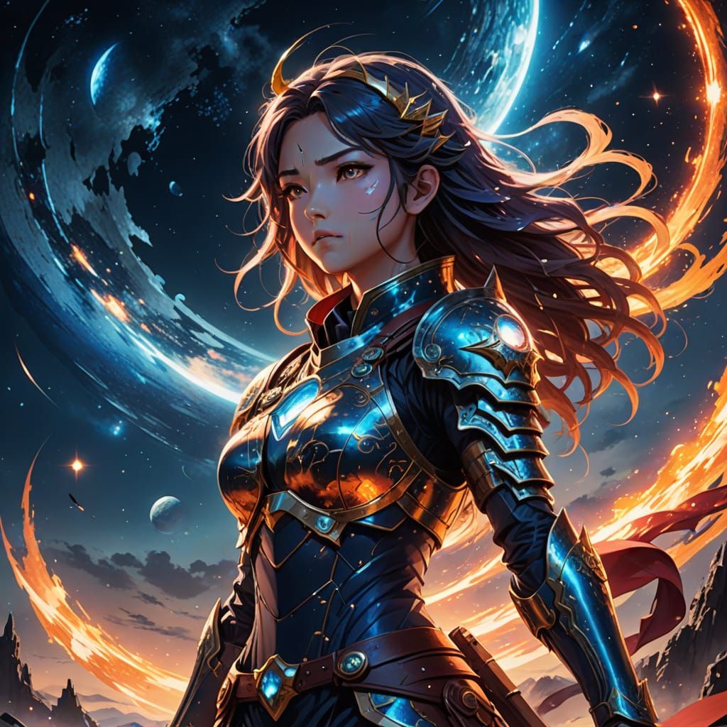 Celestial Warrior on Shattered Moon in Anime Style