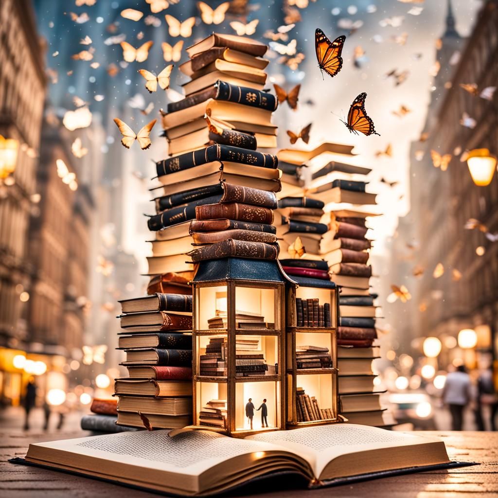 Enchanting Book-World Cityscape with Floating Books