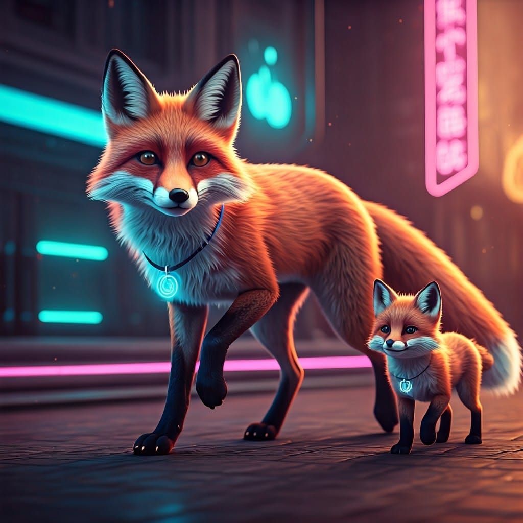 Mama Fox and Cub in Synthwave Cityscape