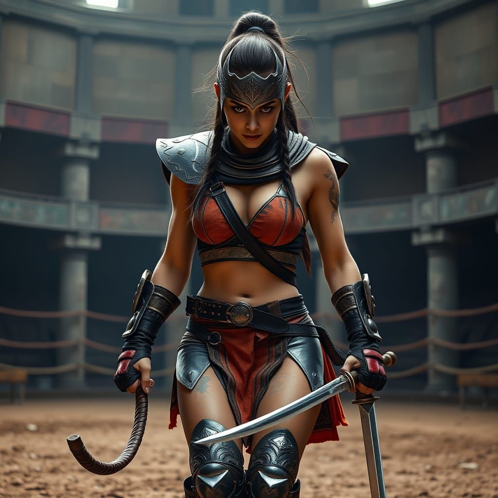 Female Warrior in Arena with Whip and Sword