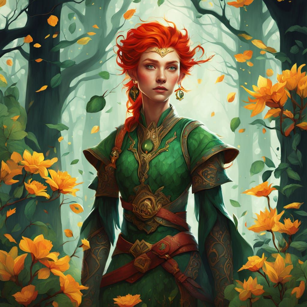 Enchanted Wood Elf Warlock in Vibrant Mystical Forest