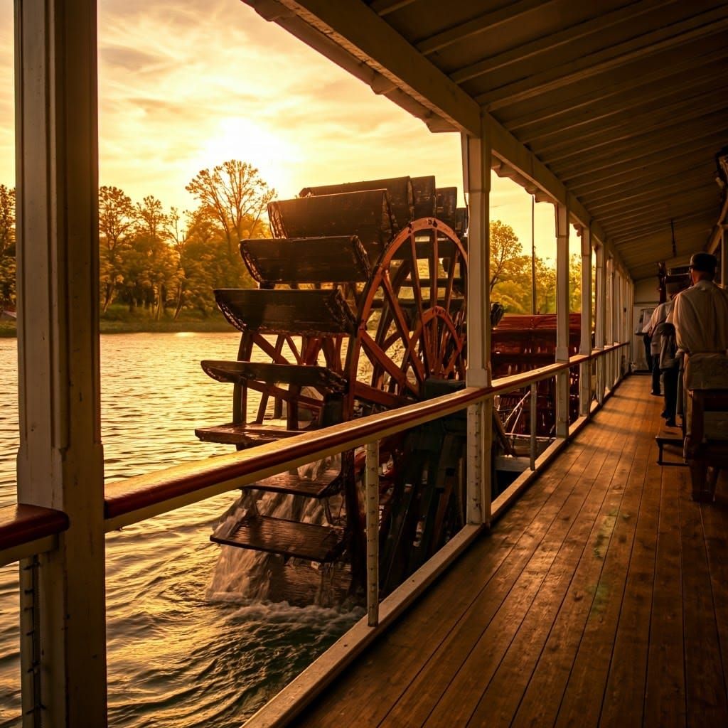 Whimsical Waterwheel Boat Scene in Golden Light
