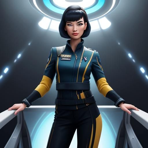 Confident Vulcan Officer on Spaceship Bridge in Pixar Style