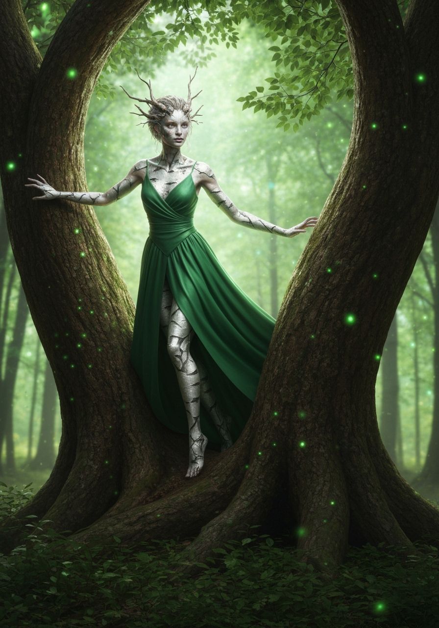 Luminescent Dryad Emerging from Ancient Forest