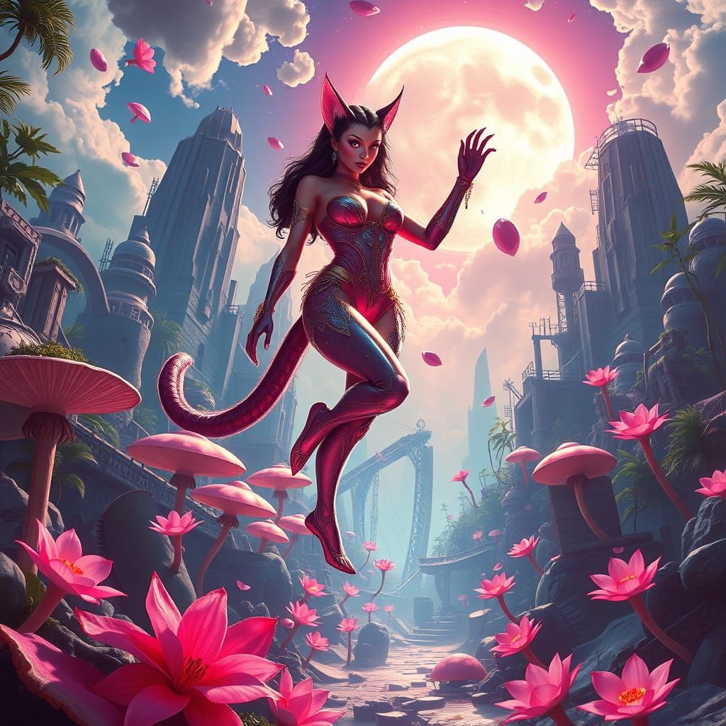 Half-Cat Divine Woman Ascending in Surreal Landscape